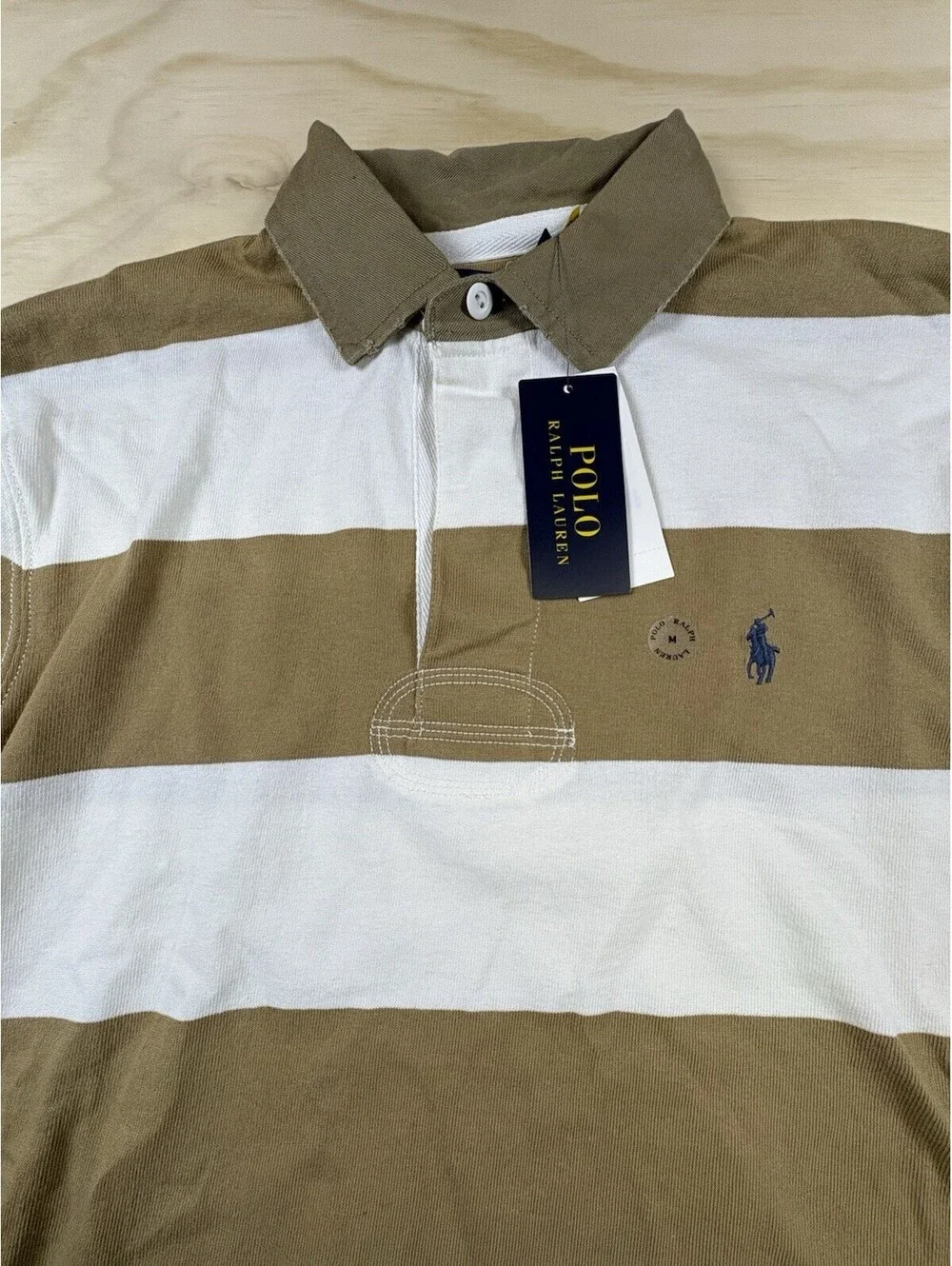 NWT Polo Ralph Lauren Rugby Shirt Men’s Medium Tan White Stripe Classic Fit